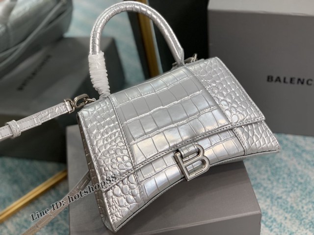 Balenciaga專櫃爆款Hourglass沙漏包 巴黎世家銀色鱷魚紋中號手提包 fyj1724